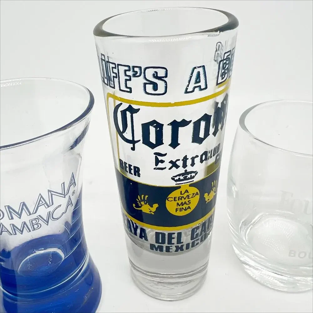 Lot of 6 Shot Glasses - Various Brands and Brewers - Corona, Four Roses, Cisco